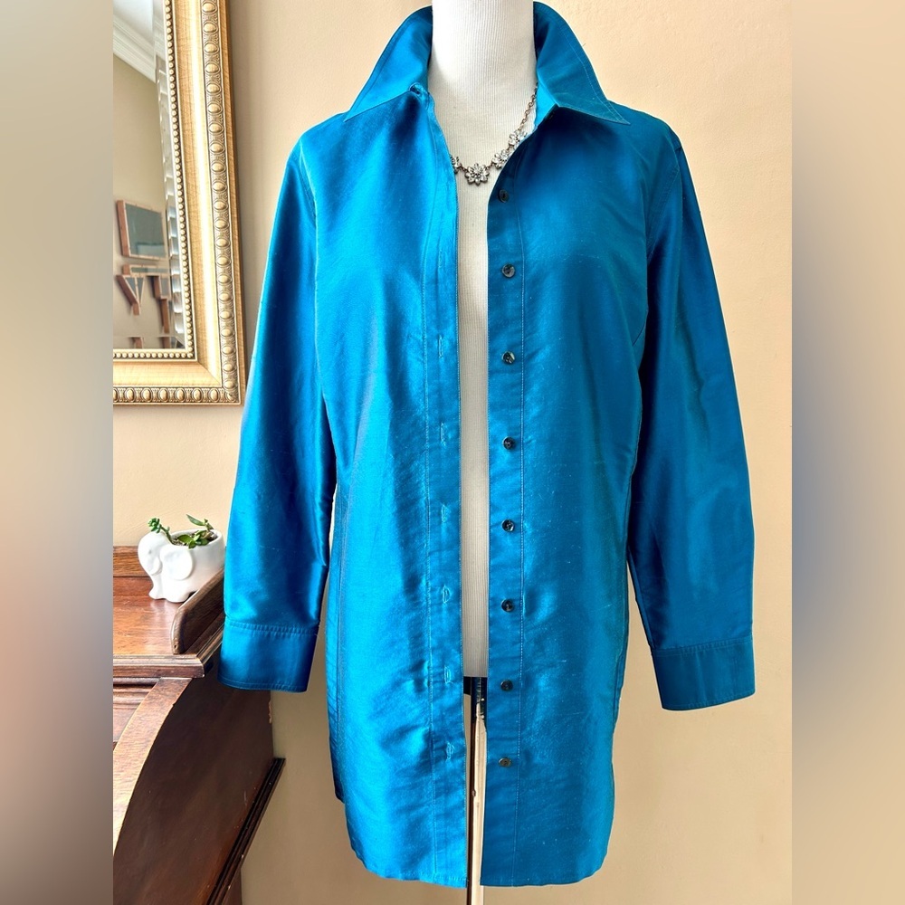Chico's Teal Blue Raw Silk Long Sleeve Button Down Tunic Top Jacket Size 3 XL